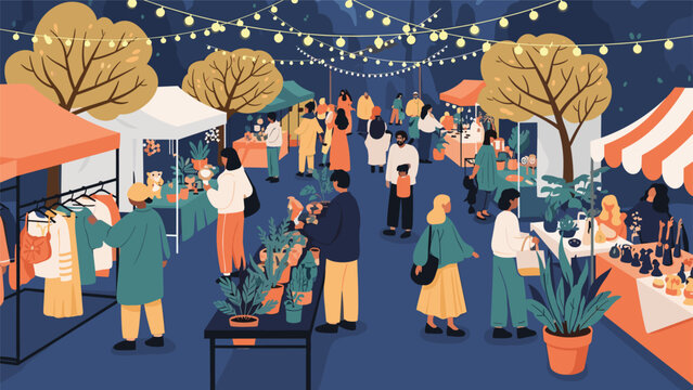 Vibrant outdoor night market at a summer festival with people browsing stalls under glowing string lights and trees.