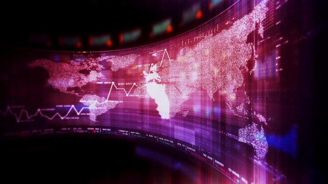 Futuristic global financial data visualization, world map and digital globe with candlestick chart, stock trading analytics, forex market dashboard, fintech infographic, big data interface
