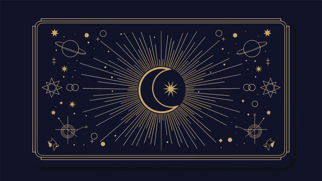 Celestial mystical tarot card design with a crescent moon stars planets and golden sunburst rays on dark background.