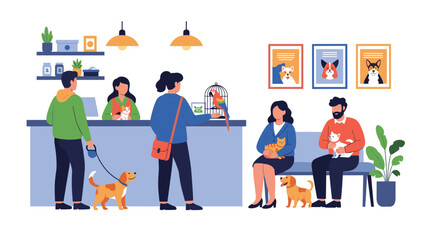 Fototapeta premium Customers and their pets waiting at the reception of a modern veterinary clinic for checkup and animal care services.