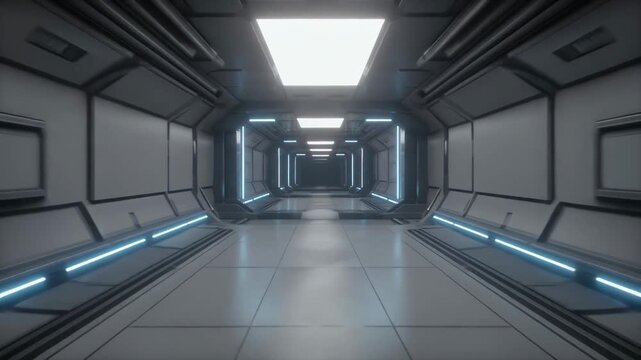 A futuristic corridor with blue lights stretches down a metallic hallway leading to a distant room.