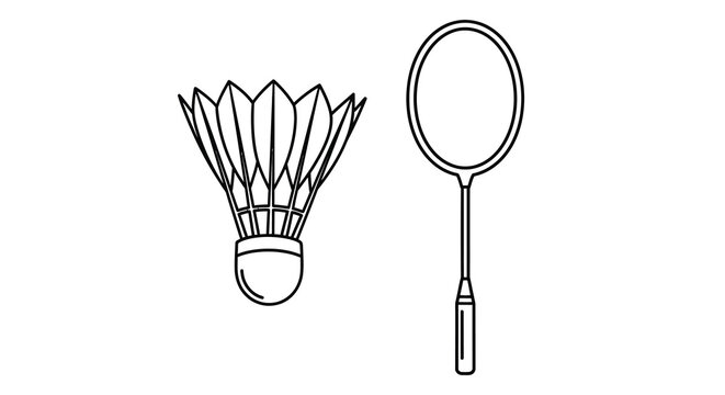 A simple black and white line drawing depicts a badminton shuttlecock and racket commonly used in sports