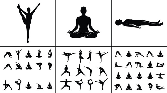 Yoga silhouette icons poses meditation, standing balancing seated lotus tree cobra downward dog child&rsquo;s pose flexibility exercise fitness