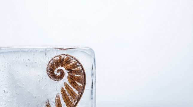 Dried fern leaf spiral trapped inside a transparent ice cube on white