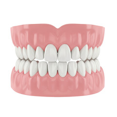 Obraz premium Pearly white child's deciduous teeth and vibrant pink gums, precisely aligned, rendered with glossy texture against a transparent background, dental hygiene and scientific clarity concept