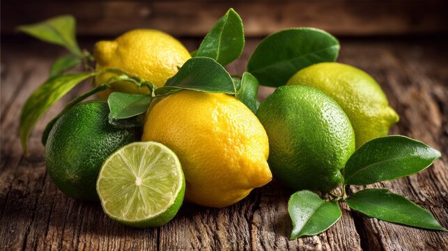 Bright lemons and limes with green leaves lay on wood.