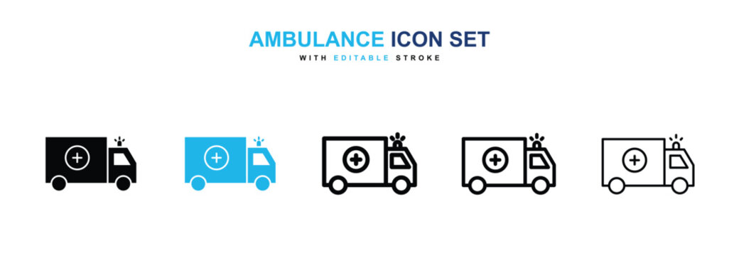 Ambulance icons vector collection in black and blue colors on white background