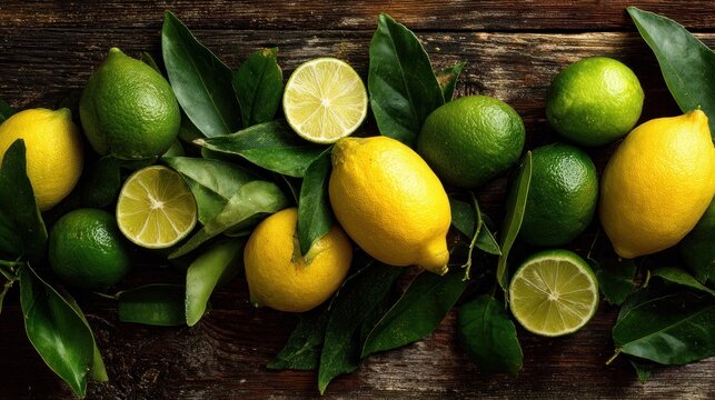 Bright lemons and limes with green leaves lay on wood.
