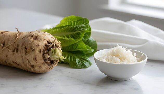 Fresh horseradish root and romaine lettuce representing bitter herbs maror for a happy passover seder dinner concept on a marble table with bright natural lighting