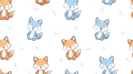 Fototapeta premium Flat Scandinavian fox seamless pattern, cute nursery woodland illustration with soft pastel colors, balanced repeating layout, decorative textile and surface design background