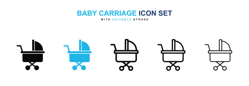 Baby carriage icons vector collection in black and blue colors on white background