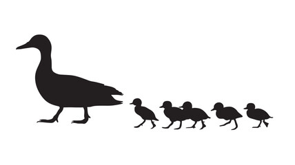 Dodo bird silhouette walking with smaller chicks in a row, minimalist black vector style for wildlife illustration © Harry 