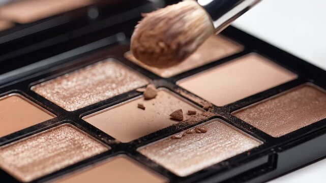 Closeup of Makeup Brush Applying Powder to Cosmetic Palette.