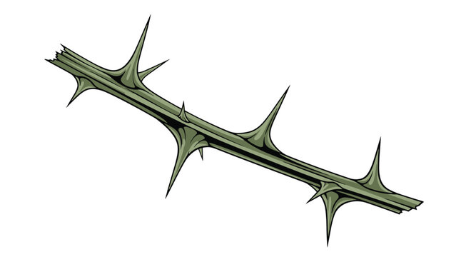 Detailed illustration of a green thorny branch with sharp spikes against a plain white background, symbolizing danger or protection.