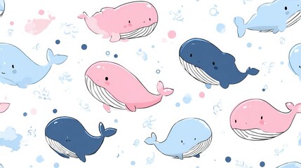 Naklejka premium Cute cartoon baby whale seamless repeat pattern, soft pastel nursery decorative design on white background for textile and surface print