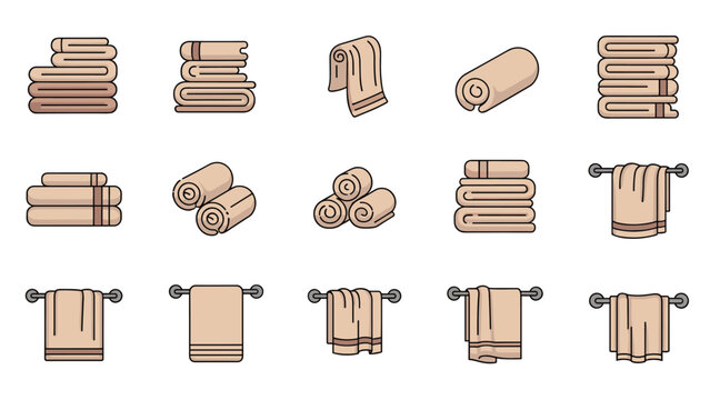 Comprehensive set of beige towel icons showing various folding styles and hanging positions for bathroom decor.