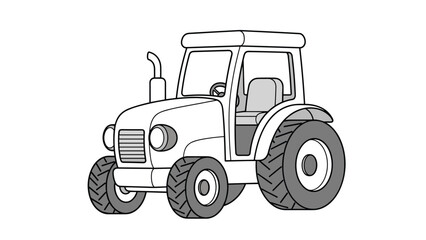 Obraz premium Simple black and white outline illustration of a farm tractor, highlighting its large wheels and cabin for use as a coloring page or icon.