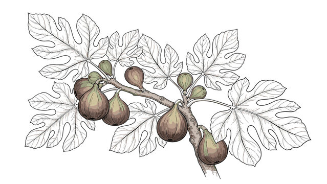 Detailed botanical drawing of a fig branch with large green leaves and ripe purple fruits in various stages of growth.
