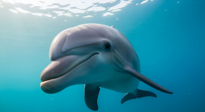 Extreme close-up of a friendly dolphin face under the water with air bubbles.