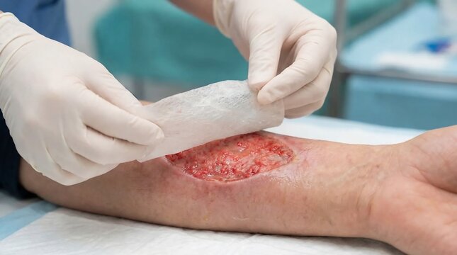 Medical professional treating a wound.