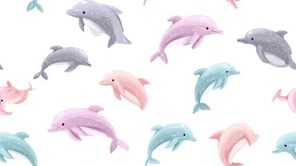 Naklejka premium Cute cartoon dolphin sea seamless repeat pattern, soft pastel nursery decorative design on white background for textile and surface print