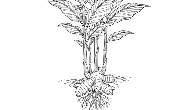 Botanical line drawing of a ginger plant showing its subterranean roots, thick stems, and large pointed leaves in a classic scientific style.