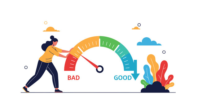 Woman moving a large dial from "BAD" to "GOOD", symbolizing improvement, evaluation, performance enhancement, or positive change.