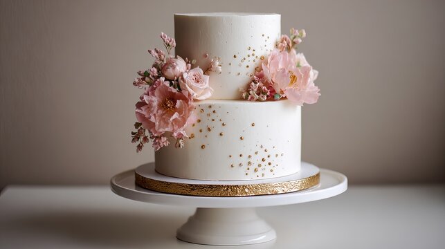 A beautifully decorated white cake with pink flowers on a gold and white cake stand