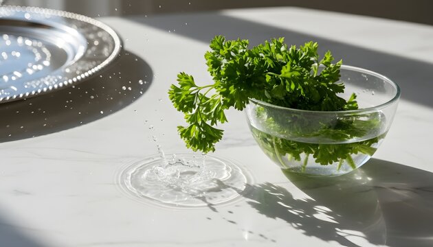 Fresh karpas parsley in water glass bowl on elegant marble table for a happy passover seder meal preparation with traditional silver plate for a symbolic holiday ritual concept