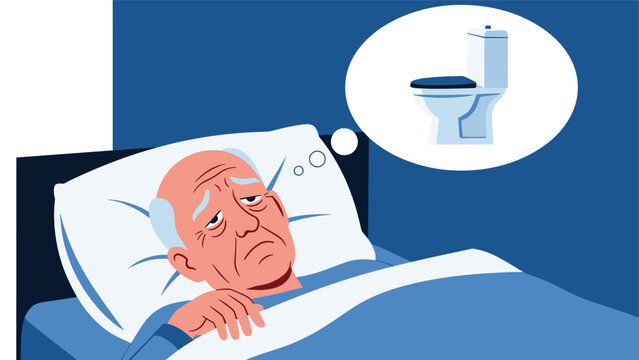Elderly man awake in bed at night, thinking about a toilet, indicating frequent urination, sleep disturbance, or prostate issues.