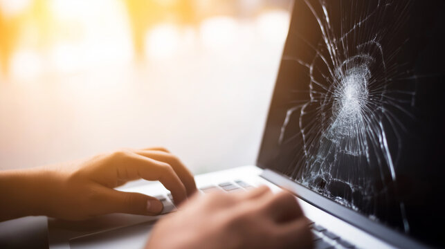 Hands typing on a laptop keyboard featuring a broken display with a spiderweb fracture, highlighting digital device failure
