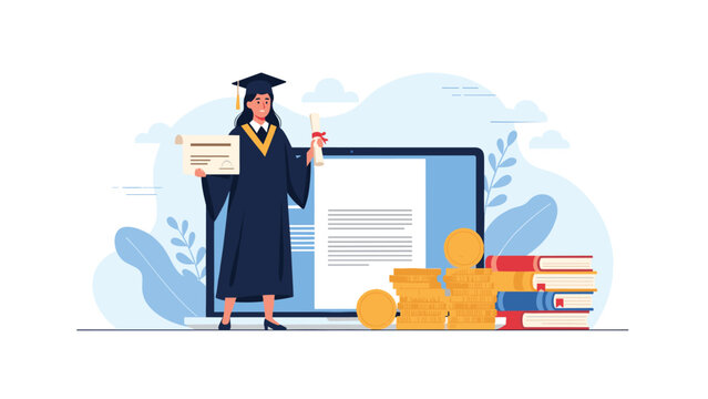 Happy graduate woman holding diplomas in front of a laptop, stacked coins, and books, symbolizing education costs, scholarships, and career success.