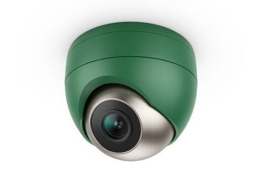Green dome security camera with a metallic lens, mounted on a surface, surveillance equipment