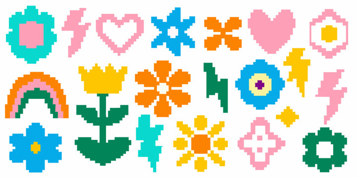 Colorful pixel art collection featuring flowers rainbows and abstract shapes