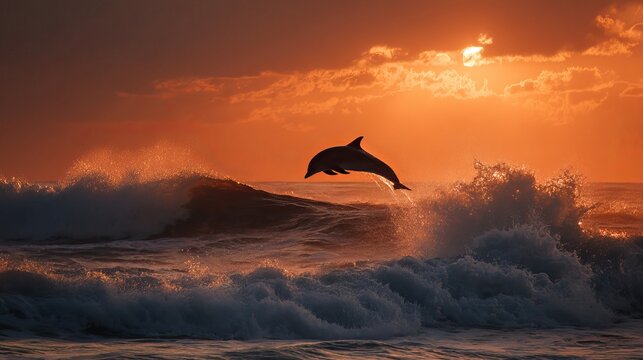 A dolphin jumps out of the ocean waves during a vibrant sunset