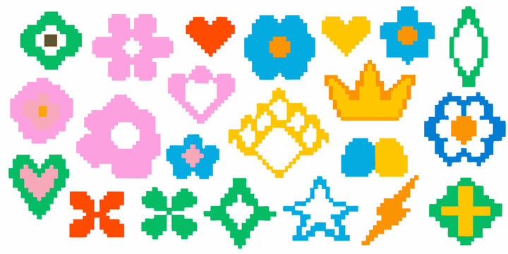Colorful pixel art icons featuring flowers hearts stars and royal symbols