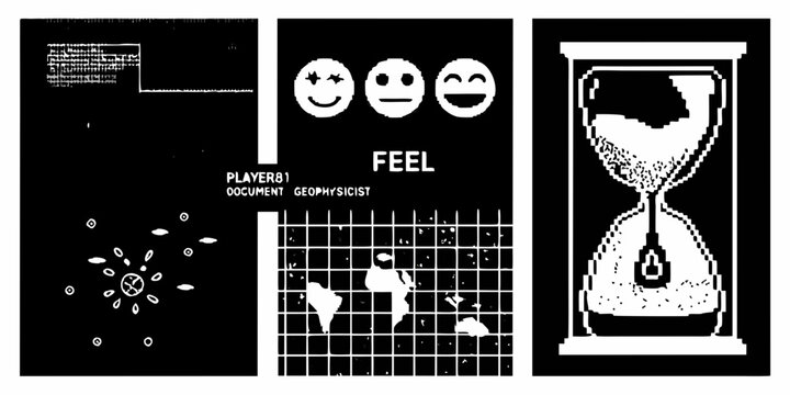 Abstract digital art triptych featuring pixelated imagery and geometric shapes