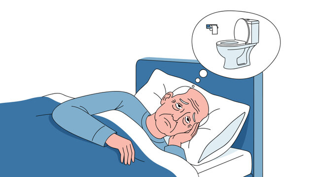 Elderly man awake in bed at night, thinking about a toilet, indicating frequent urination, sleep disturbance, or prostate issues.