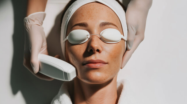 Woman receiving facial skincare treatment, wearing protective eye goggles during professional cosmetology procedure in spa clinic