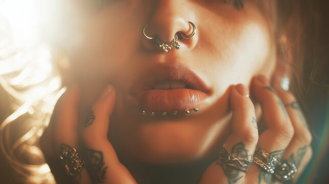 Person showing facial piercings on lips and septum with hand tattoos and rings, embodying individuality and alternative style