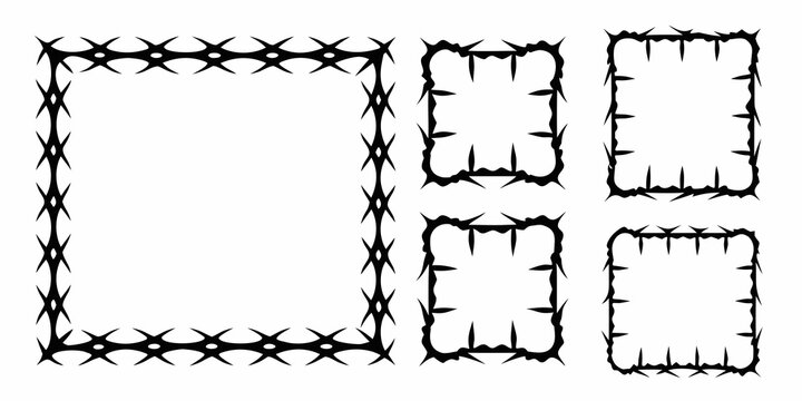 Black and white illustration of four barbed wire rectangle frames