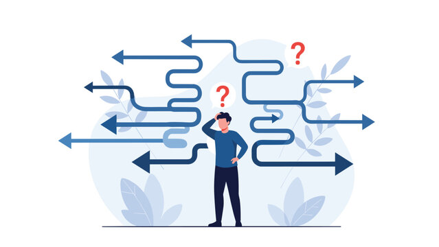 Confused man standing amidst multiple winding arrow paths and question marks, symbolizing complex decision-making and uncertainty.