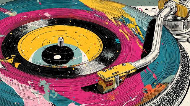 Artistic turntable closeup with bold painted music disc spiral design