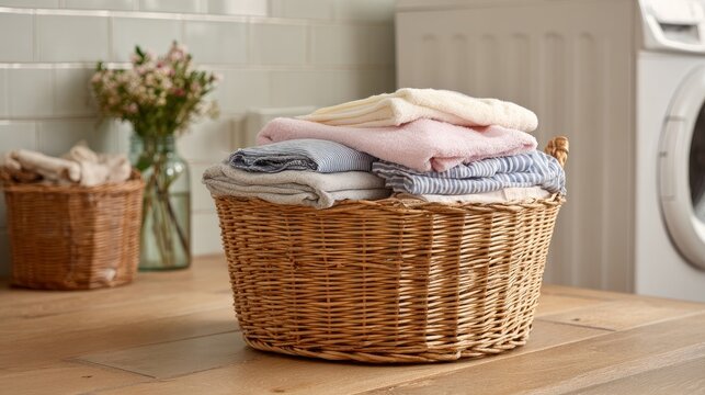 Basket with clothes sits in the bathroom.