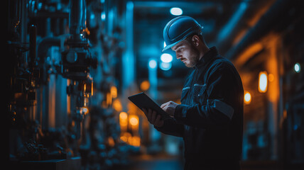 Obraz premium Systems engineer deeply focused on complex machinery and analysis in an industrial environment at night Generative AI