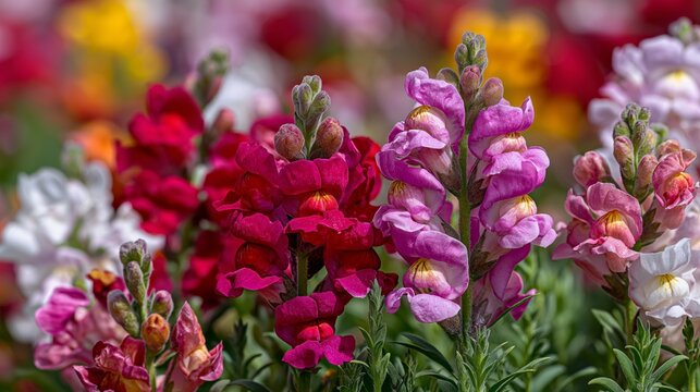 Vibrant snapdragons bloom in soft, natural garden light