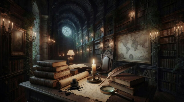 Atmospheric scholar's workspace with a quill, inkwell, and rows of ancient volumes / generated by AI