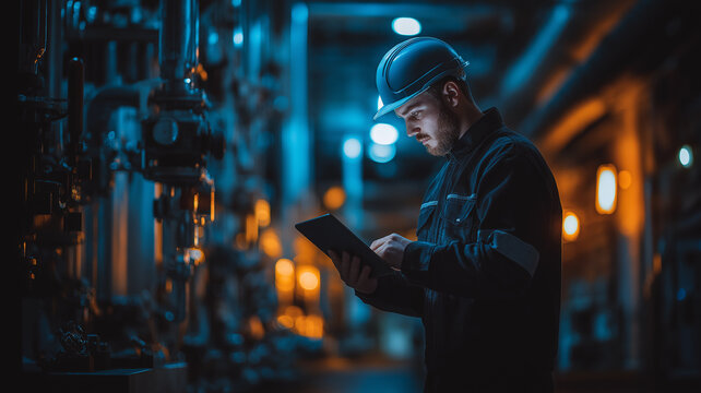 Systems engineer deeply focused on complex machinery and analysis in an industrial environment at night Generative AI