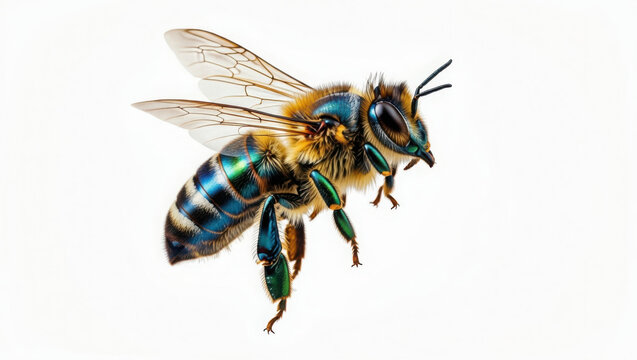 Macro view of a metallic blue and green bee flying with transparent wings on a background