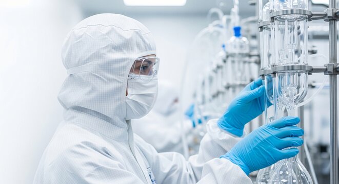 Person in sterile suit and mask working with laboratory glassware and equipment